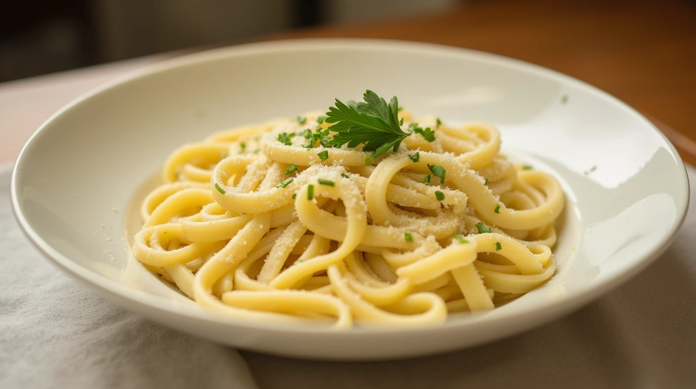 Creamy Fettuccine Alfredo served in a white bowl, garnished with fresh parsley and grated Parmesan cheese."