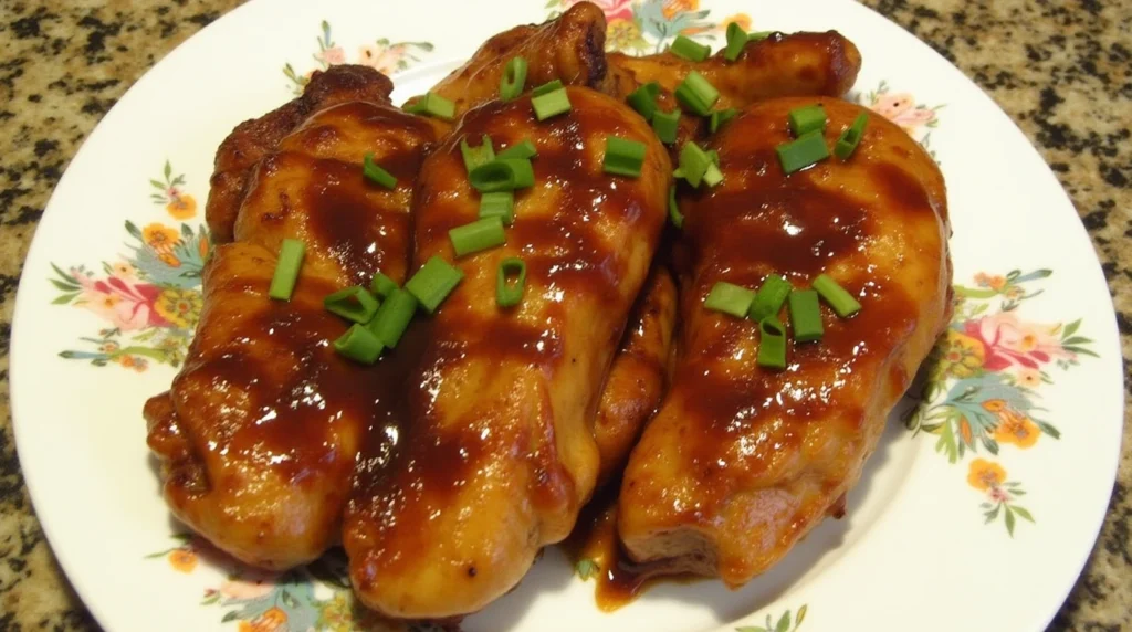 Chicken Teriyaki Recipe with tender chicken glazed in a savory teriyaki sauce, garnished with fresh green onions on a decorative floral plate.