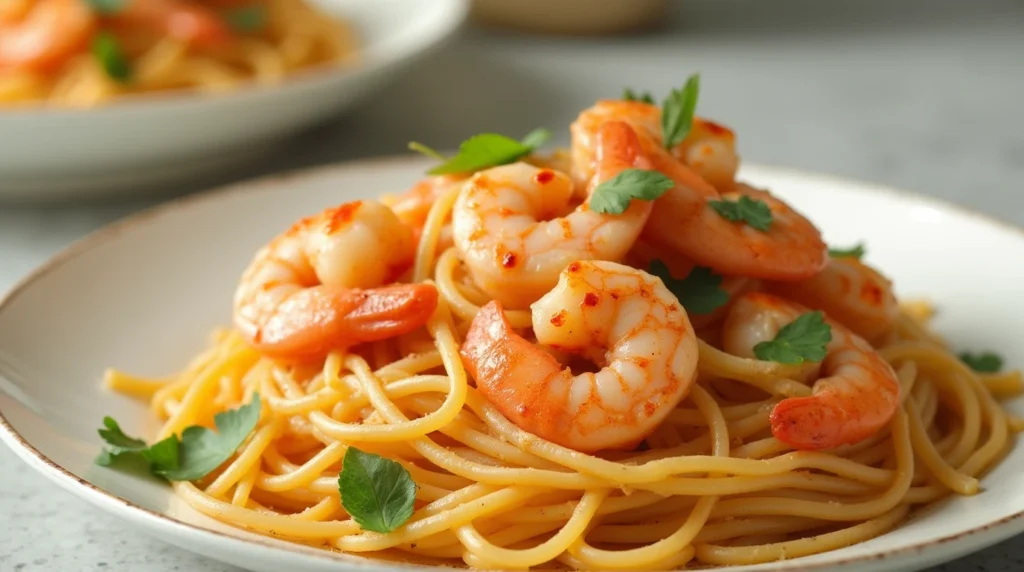 Garlic butter shrimp pasta recipe served on a plate