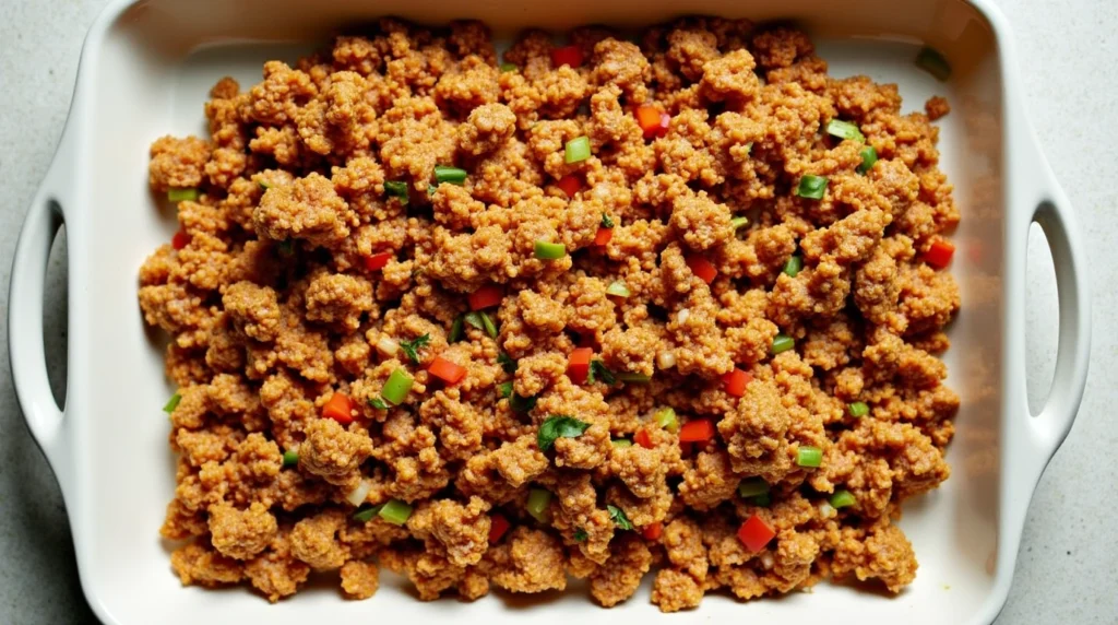 Ground chicken recipe featuring seasoned ground chicken with diced bell peppers and green onions in a white baking dish.