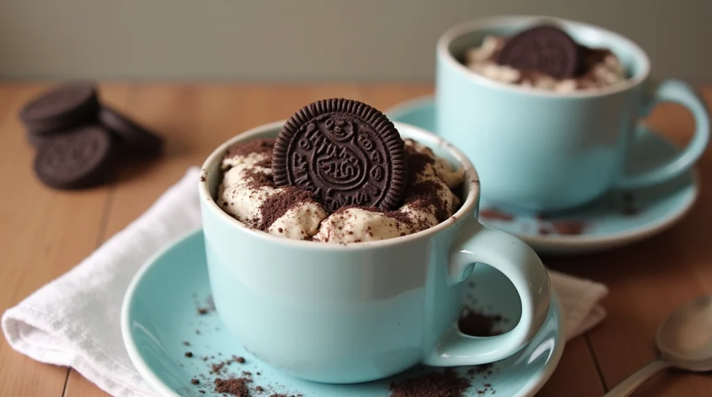 Oreo Mug Cake Recipe - A delicious and creamy mug cake topped with crushed Oreo crumbs and a whole Oreo cookie.