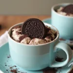 Oreo Mug Cake Recipe - A delicious and creamy mug cake topped with crushed Oreo crumbs and a whole Oreo cookie.