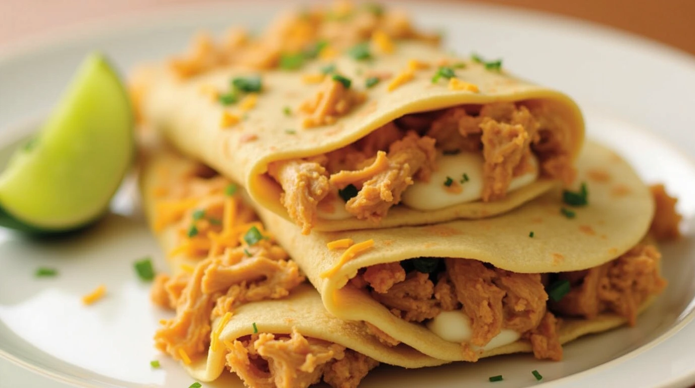 Chicken quesadilla recipe featuring soft tortillas filled with shredded chicken, melted cheese, and garnished with fresh herbs and a lime wedge.