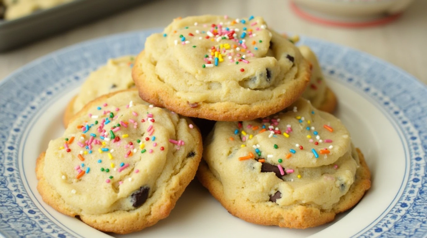 Crumbl cookie recipe featuring soft, chewy cookies with colorful sprinkles and chocolate chips served on a decorative plate.