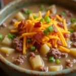 Creamy hamburger potato soup with chunks of potatoes, ground beef, cheddar cheese, and toppings of green onions and bacon bits.