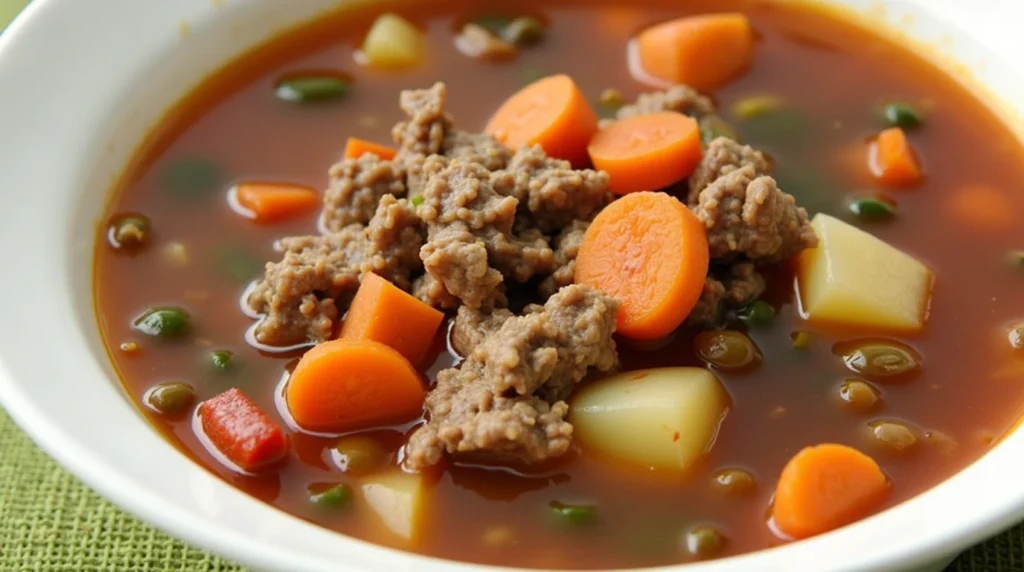 Hamburger Soup Recipe - A hearty soup with seasoned ground beef, carrots, potatoes, and peas in a savory tomato broth.