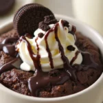 Oreo mug cake Recipe with whipped cream and chocolate syrup, served in a mug with a crumbled Oreo topping