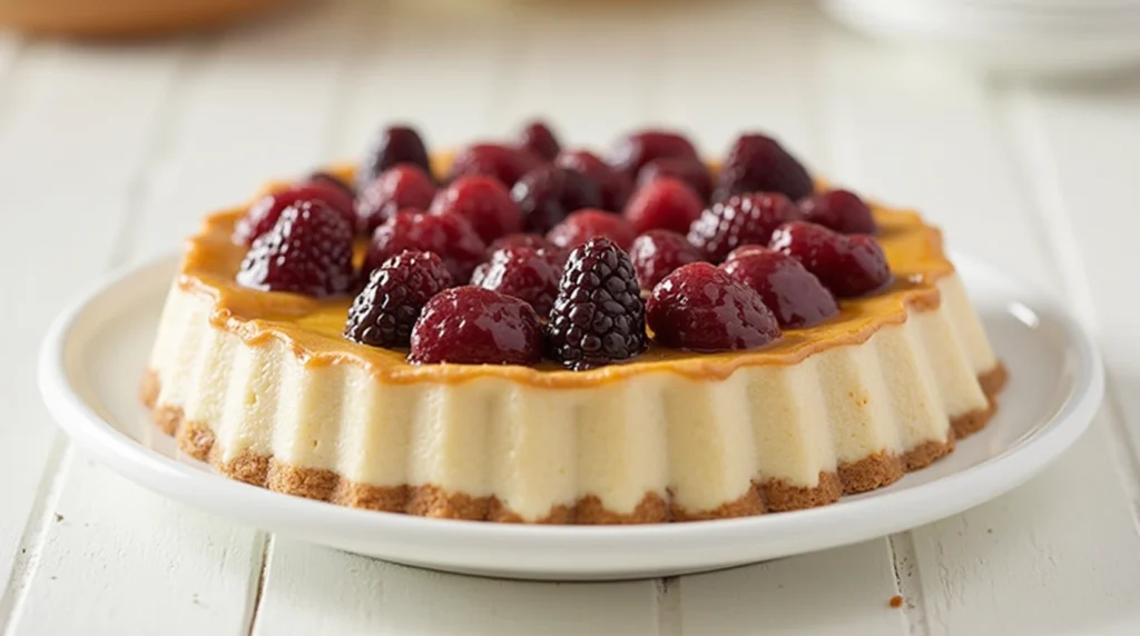 Panna cotta dessert topped with fresh mixed berries and a golden caramel layer, served on a white plate.