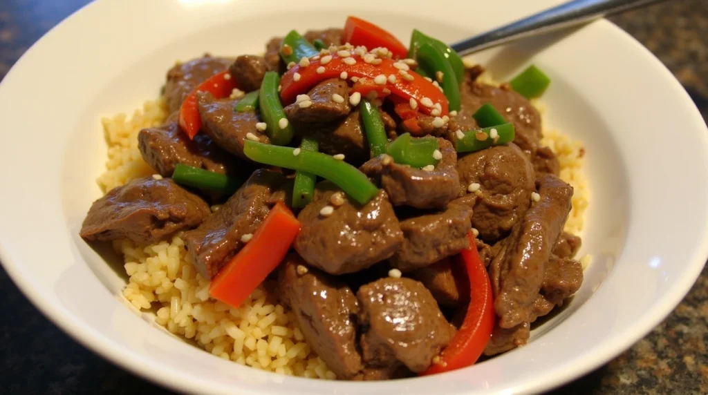 Quick and easy pepper steak recipe featuring tender beef slices, red and green bell peppers, and sesame seeds served over rice in a bowl.