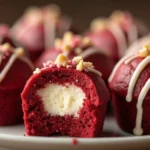 Red velvet cheesecake bites recipe with a creamy filling, drizzled with white chocolate and sprinkles.