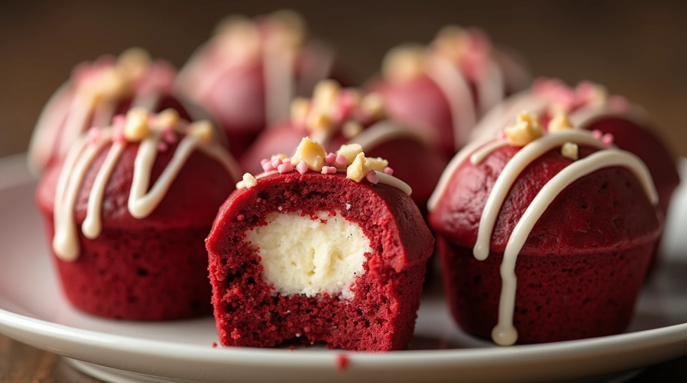 Red velvet cheesecake bites recipe with a creamy filling, drizzled with white chocolate and sprinkles.