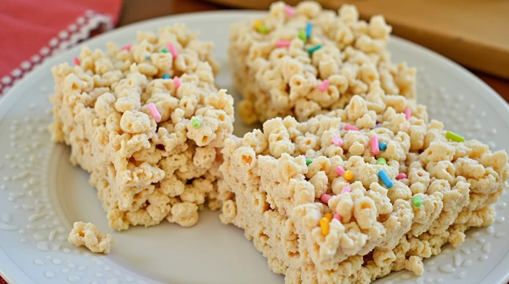 Rice Krispie treats topped with colorful sprinkles, served on a white plate.