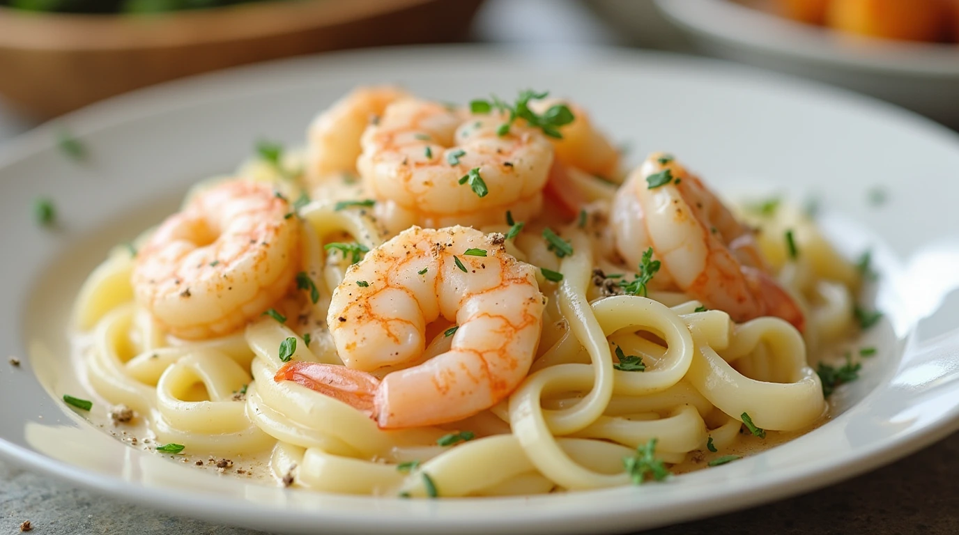 Creamy Shrimp Alfredo recipe served on a white plate, featuring tender shrimp over fettuccine pasta with a rich Alfredo sauce and garnished with fresh parsley.