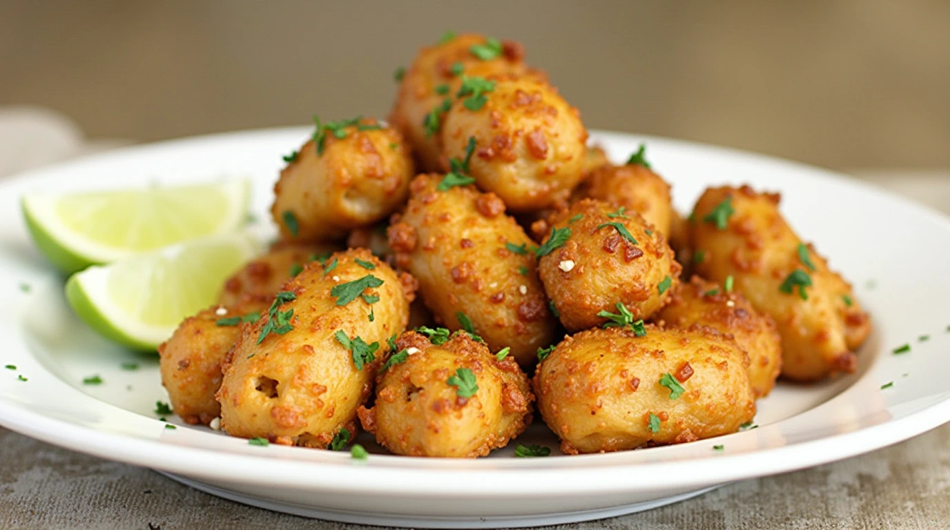 Garlic Butter Chicken Bites Recipe - Crispy and golden chicken bites coated in a rich garlic butter sauce, garnished with parsley and served with lime wedges on a white plate.