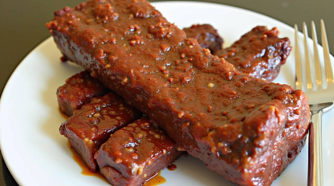 Juicy and tender beef ribs coated in a rich barbecue sauce on a white plate with a fork.