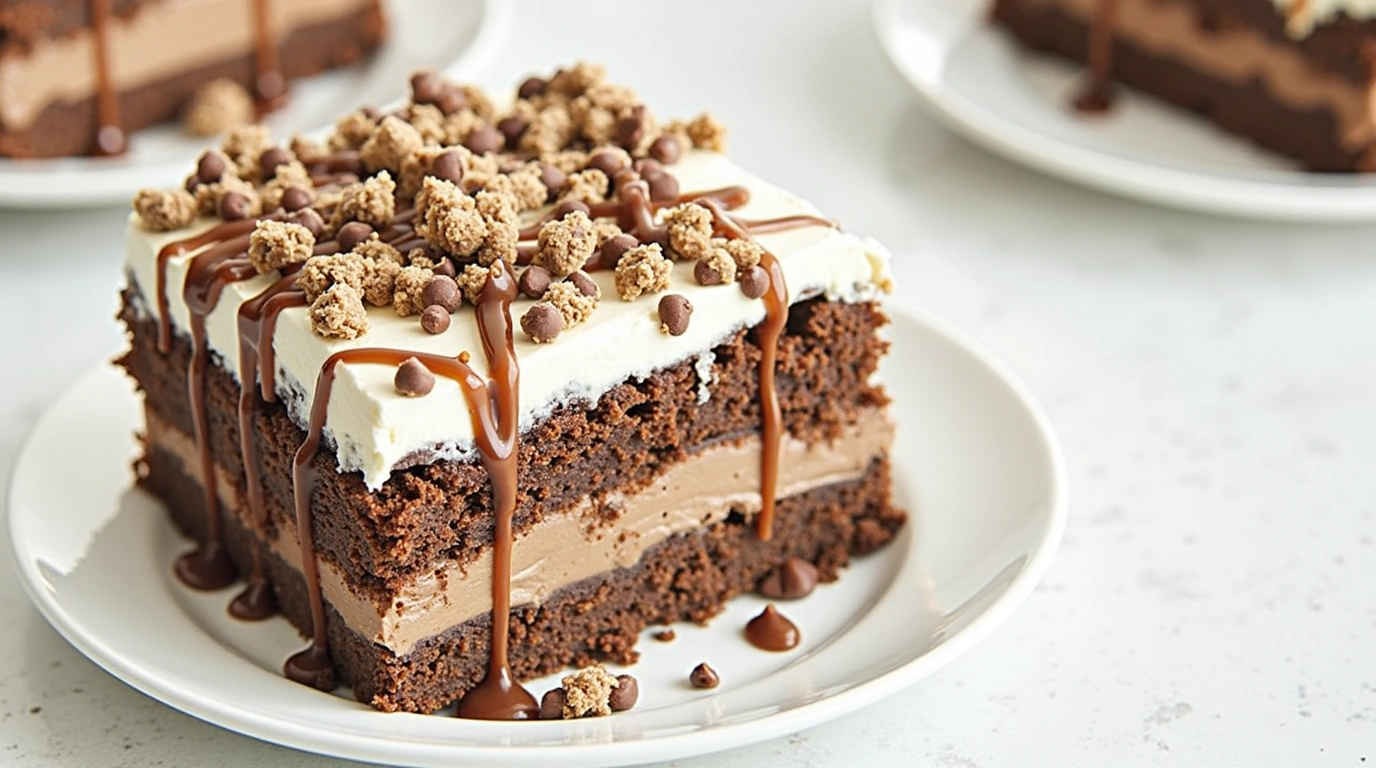 Better Than Sex Cake Recipe - Decadent chocolate cake layered with caramel, whipped cream, and crunchy toffee bits, topped with chocolate drizzle.