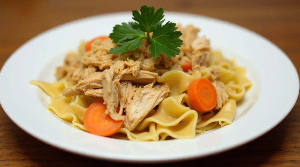 Homemade chicken and noodles recipe with tender shredded chicken, egg noodles, and carrots garnished with fresh parsley on a white plate.