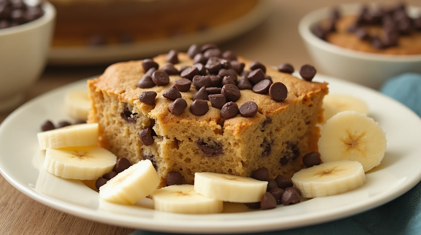 Chocolate chip banana bread recipe featuring a moist slice of banana bread topped with chocolate chips and served with fresh banana slices.