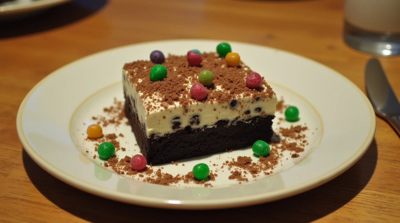 Dirt cake recipe featuring layers of creamy pudding, crushed Oreos, and colorful candy toppings on a white plate.