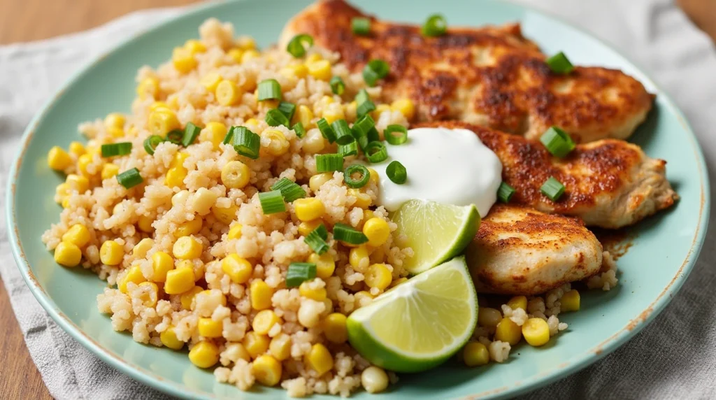 Street Corn Chicken Rice Bowl Recipe - A flavorful dish featuring seasoned chicken, zesty street corn, and fluffy rice garnished with lime wedges and green onions.