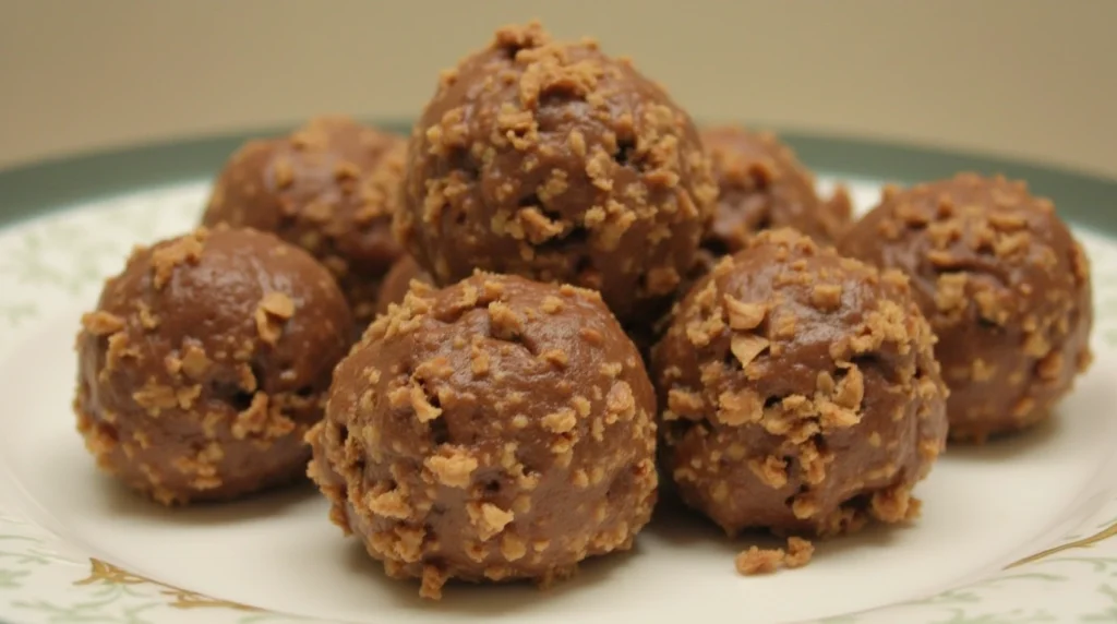 Butterfinger Balls recipe featuring chocolate-coated, bite-sized treats with a crunchy Butterfinger candy coating served on a white plate.