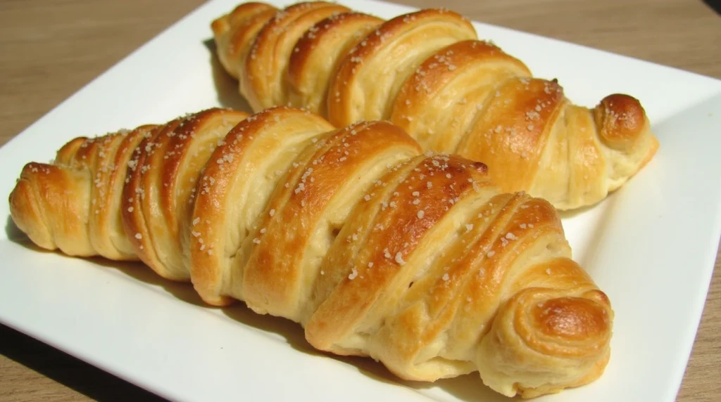 Golden and flaky Gipfeli recipe featuring Swiss croissants sprinkled with coarse sugar, served on a white plate.