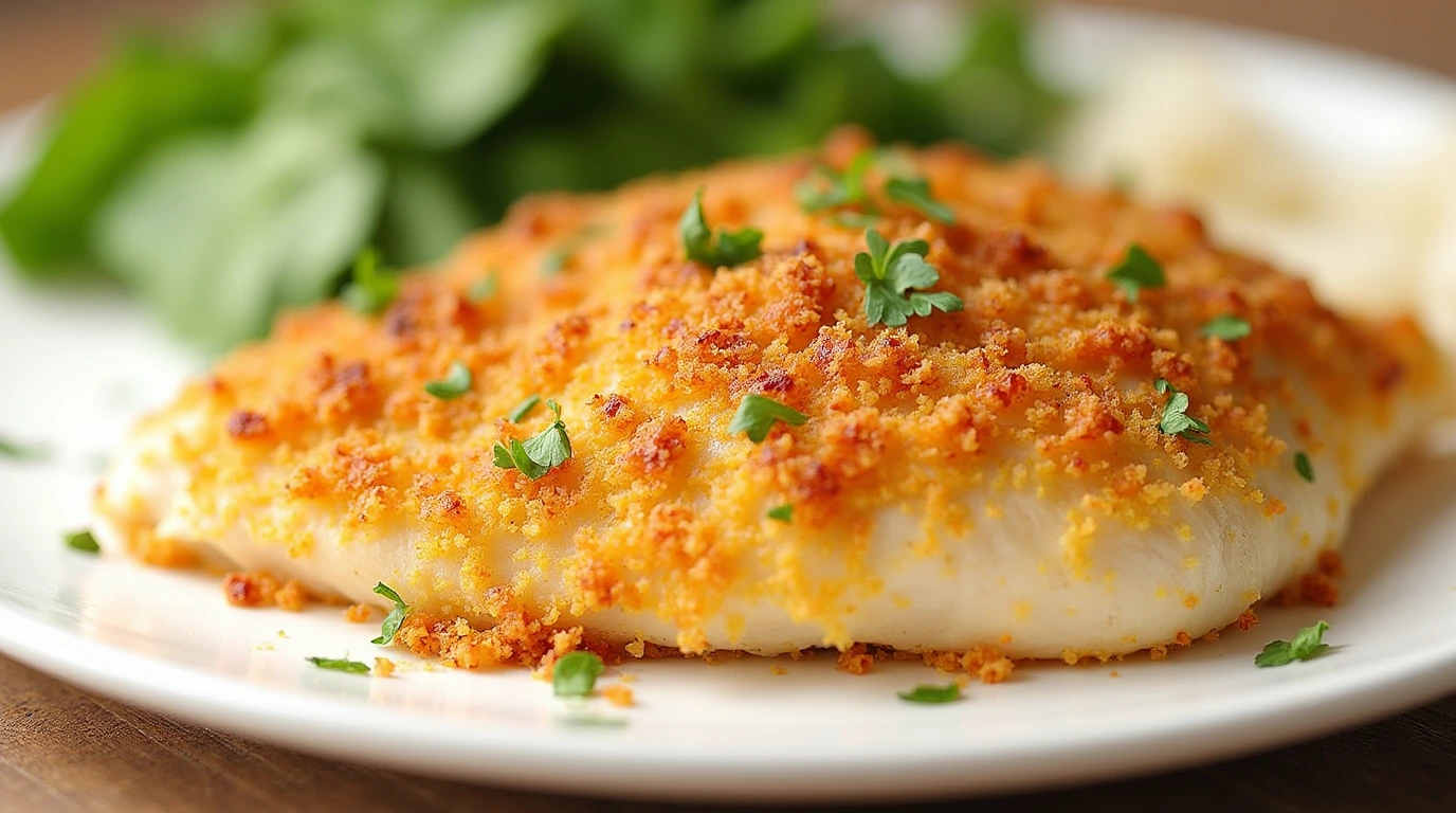 Crispy Garlic Parmesan Chicken recipe featuring a golden breadcrumb and Parmesan crust, garnished with parsley on a white plate.