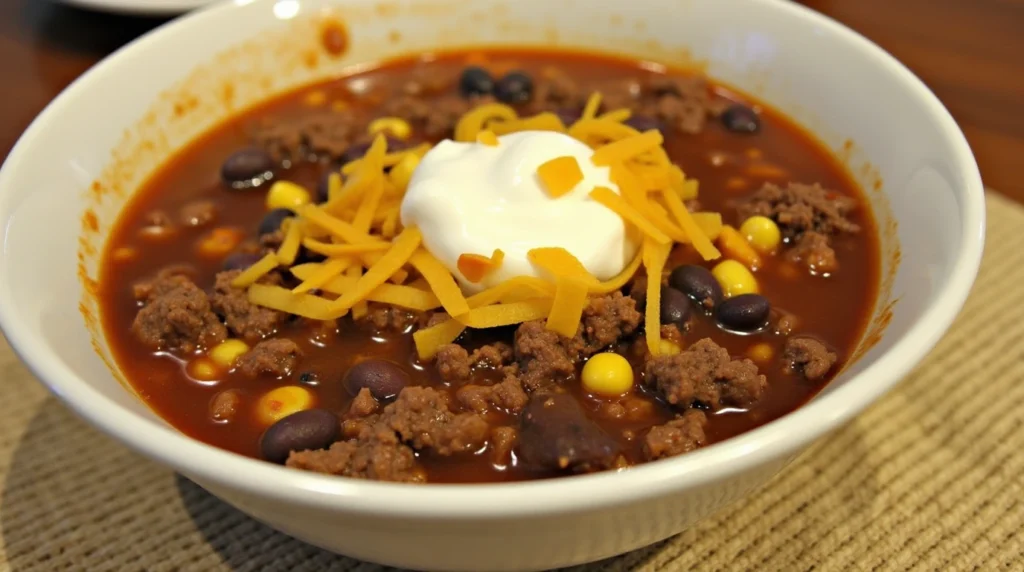 Bowl of taco soup topped with shredded cheese and sour cream, featuring ground beef, black beans, corn, and a rich tomato-based broth, perfect for a flavorful taco soup recipe.