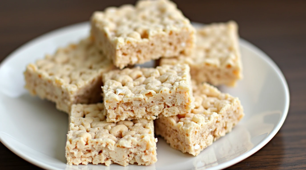 Classic Rice Krispie treat recipe stacked on a white plate, showcasing their chewy and crispy texture.