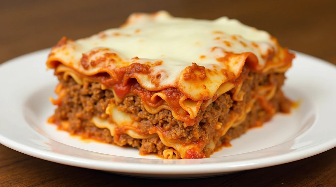 Lazy Lasagna Recipe - A cheesy and hearty slice of lasagna with layers of rich marinara, ground beef, and melted mozzarella cheese.