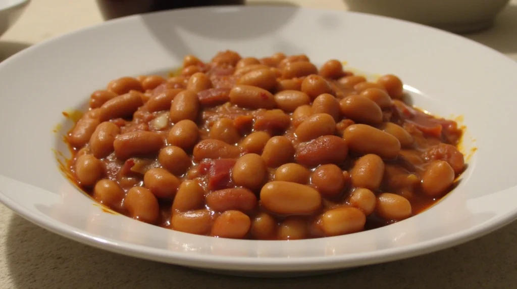 Homemade baked beans recipe served in a white bowl with rich sauce.