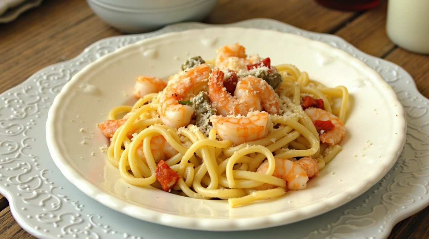 Creamy Marry Me Shrimp Pasta recipe served on an elegant white plate, featuring tender shrimp, spaghetti, sun-dried tomatoes, and a rich creamy sauce.