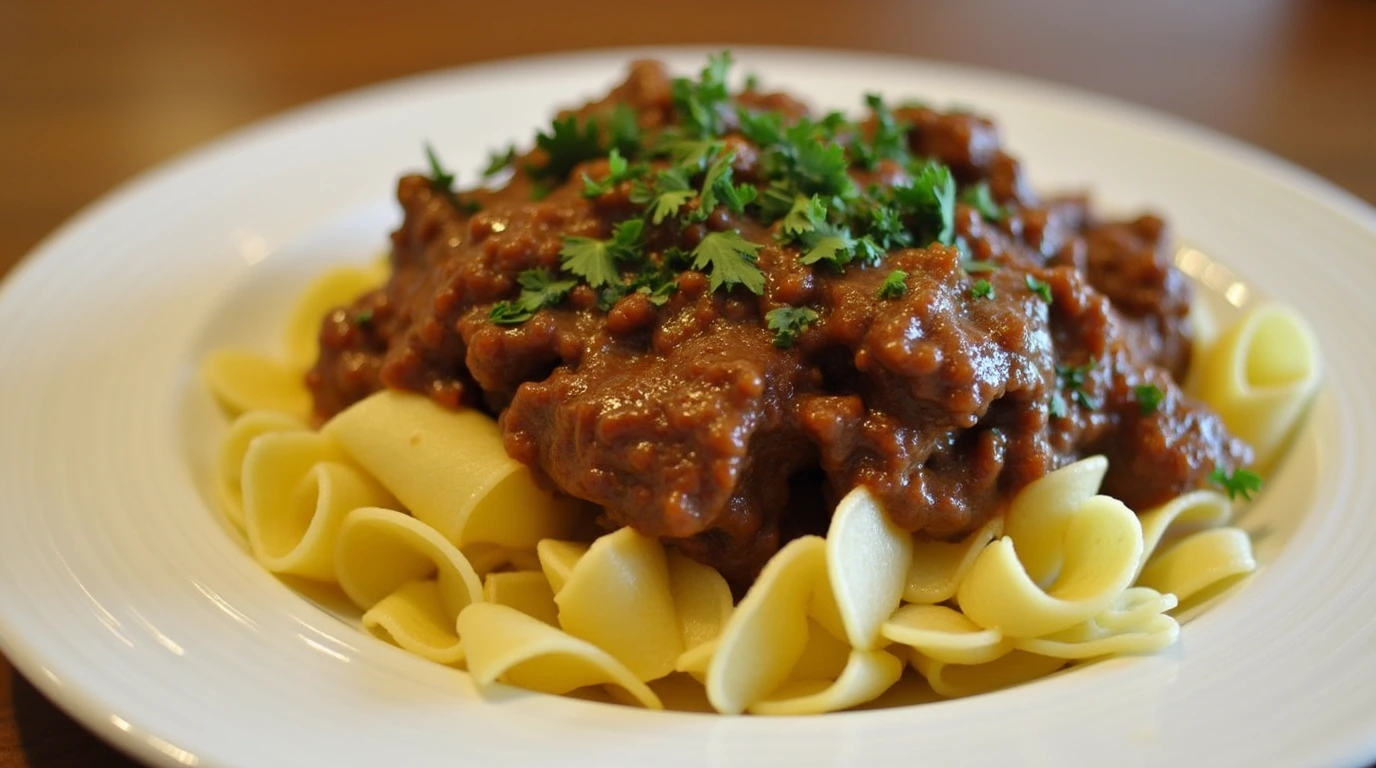 Beef and noodles recipe with tender beef in a rich sauce served over egg noodles, garnished with fresh parsley.