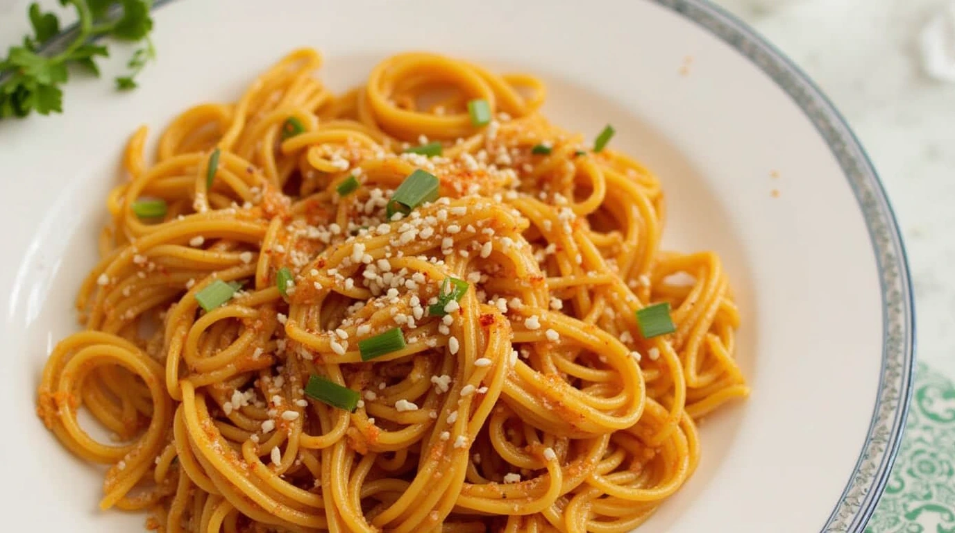 Gochujang Pasta Recipe - Creamy spaghetti coated in a rich, spicy gochujang sauce, garnished with sesame seeds and chopped green onions.