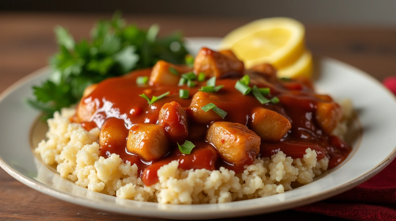 Bourbon chicken recipe featuring tender chicken pieces in a rich bourbon sauce served over fluffy rice with fresh herbs and lemon slices.