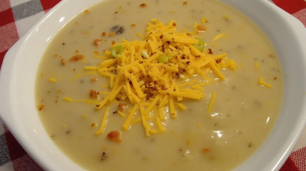 Hamburger Potato Soup topped with shredded cheddar cheese and green onions in a white bowl.