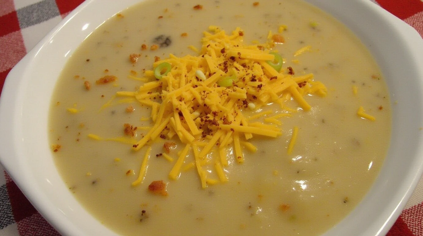 Hamburger Potato Soup topped with shredded cheddar cheese and green onions in a white bowl.