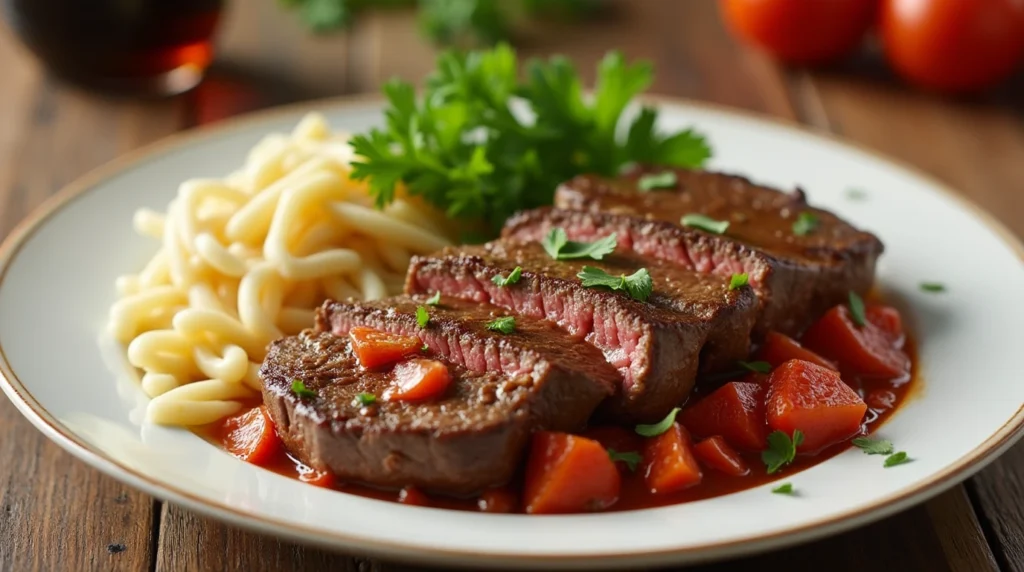 Swiss steak recipe with tender slices of beef in a rich tomato-based sauce, served with pasta and garnished with fresh parsley.