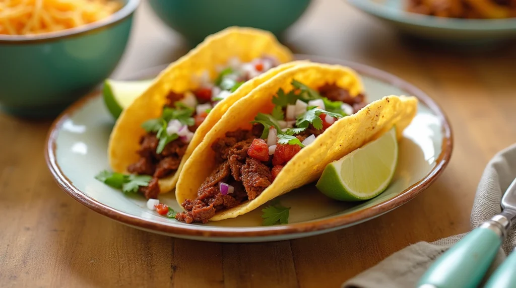 Authentic birria tacos recipe featuring crispy tortillas filled with tender birria meat, topped with fresh cilantro, onions, and lime wedges.