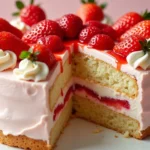 Delicious Strawberry Cheesecake Cake with layers of moist strawberry cake and creamy cheesecake, topped with fresh strawberries and strawberry sauce, served on a cake stand.