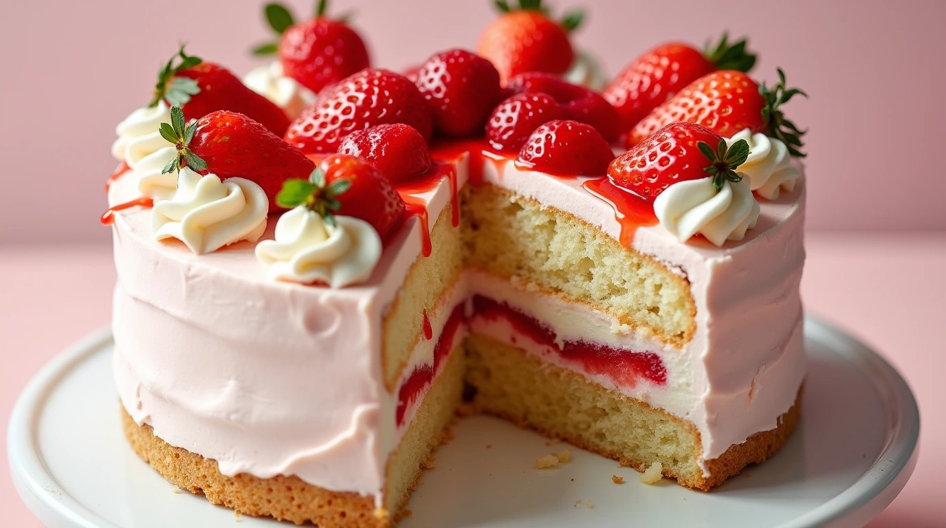 Delicious Strawberry Cheesecake Cake with layers of moist strawberry cake and creamy cheesecake, topped with fresh strawberries and strawberry sauce, served on a cake stand.