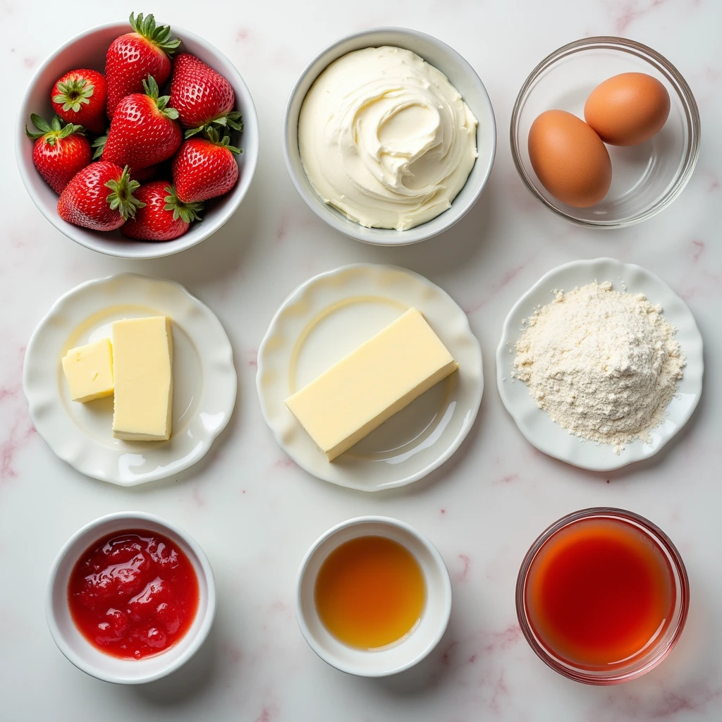 Decadent Strawberry Cheesecake Cake featuring creamy cheesecake nestled between soft strawberry cake layers, frosted with strawberry cream cheese frosting and garnished with juicy strawberries.